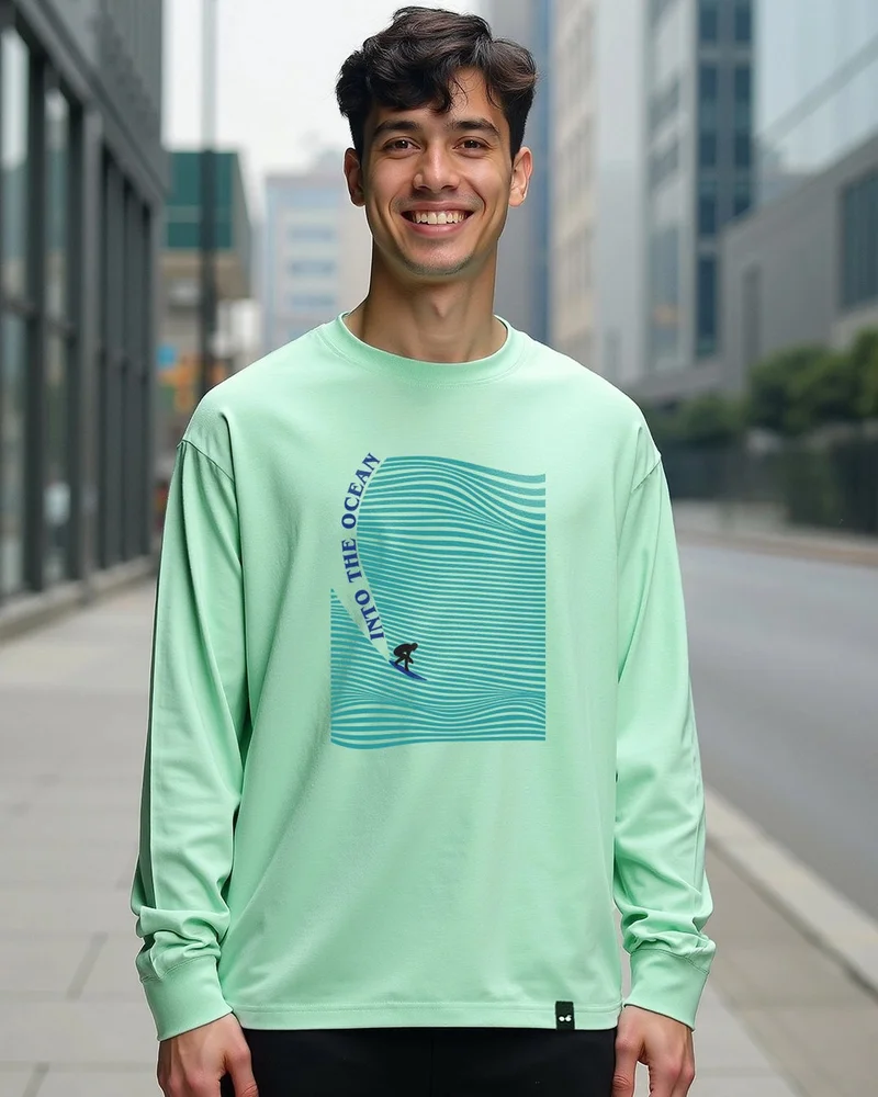 bewakoof Men's Bird Egg Green Into The Ocean Graphic Printed Oversized T-shirt